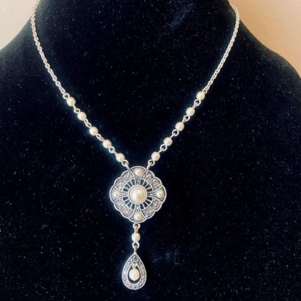 Trifari Silver Tone Faux Pearl Rhinestone Necklace